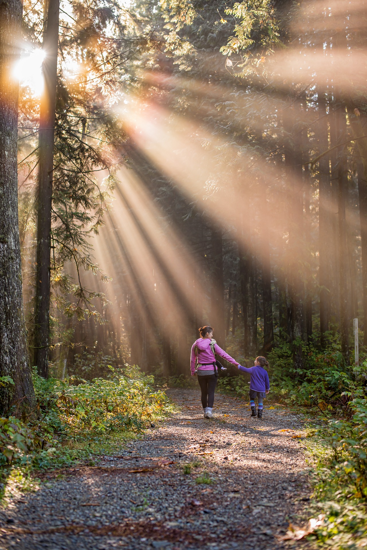 woman and child hiking in woods