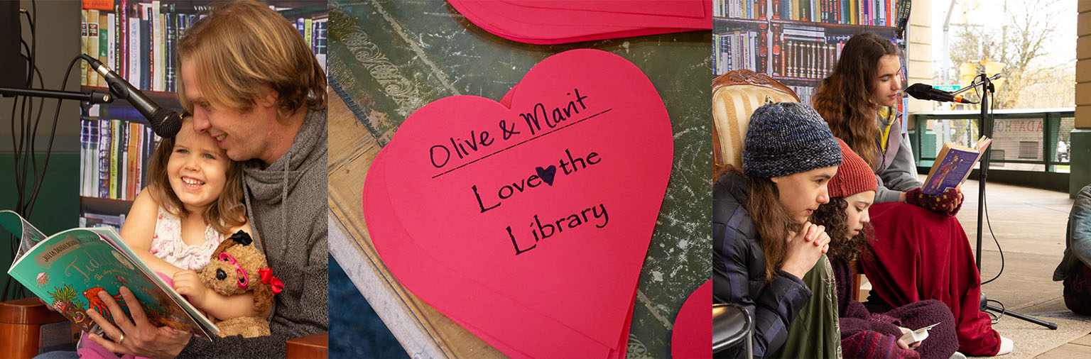 Images from Foundation events showing readers and a red heart that reads Olive and Merit Love the Library