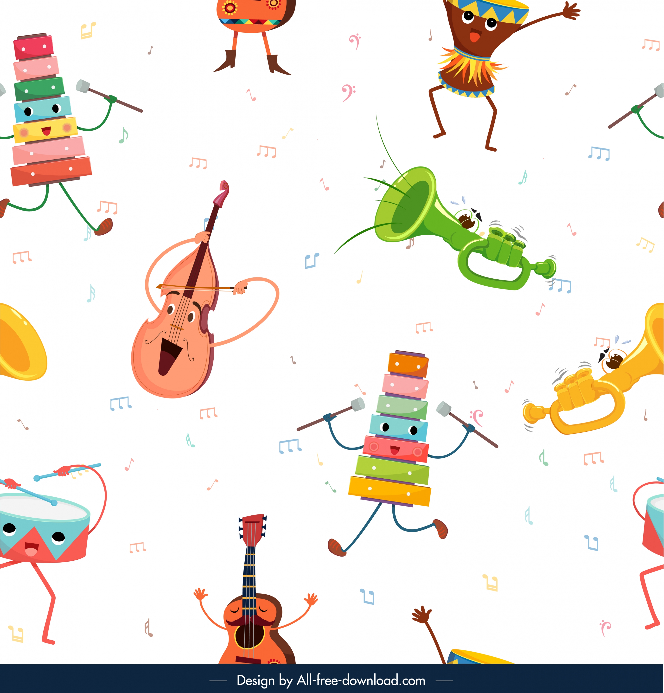 Friendly personified musical instruments dancing among musical notes