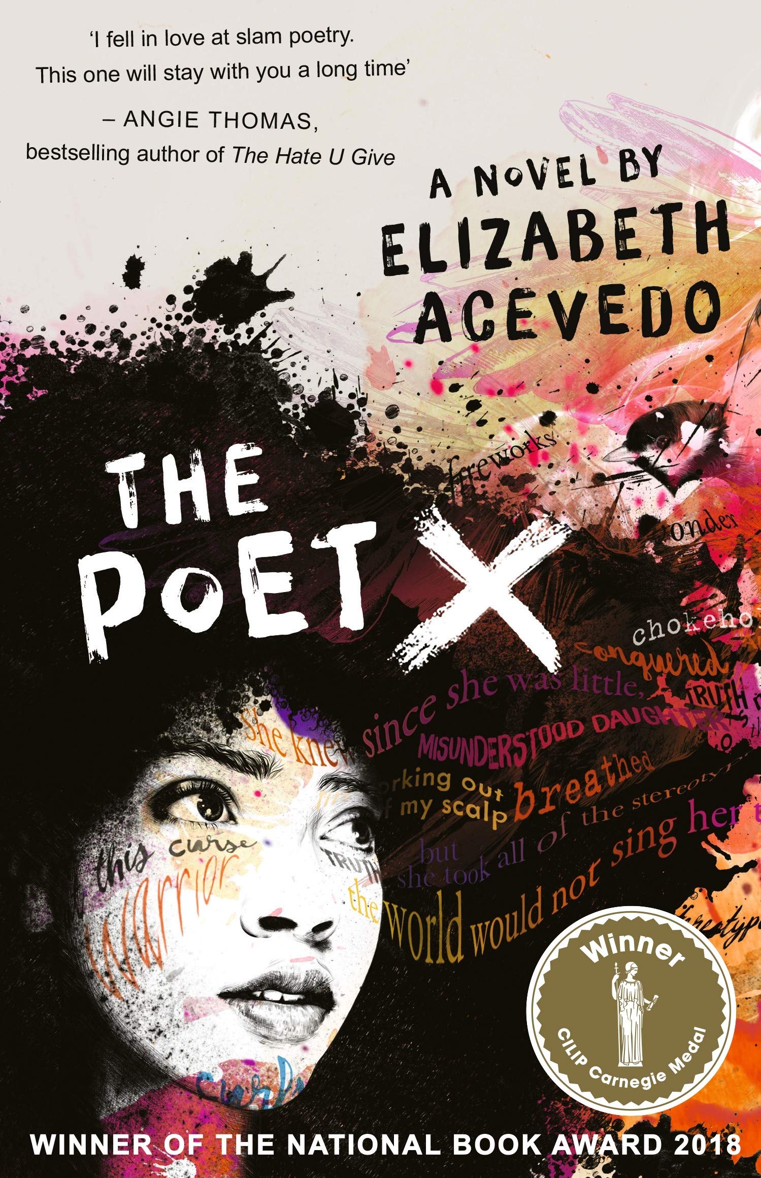Picture of the book cover, which features a black and white illustration of a person with a lot of curly hair superimposed over splashes of color