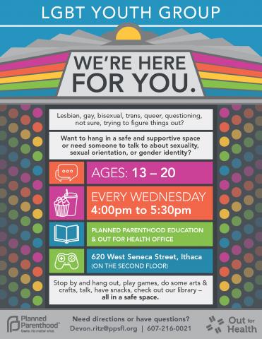Graphic stating that the LGBT Youth Group meets weekly on Wednesdays from 4:00-5:30pm during the school year at the PPSFL Teen Center, except for the 4th Wednesday of the month when it meets at the Public Library.