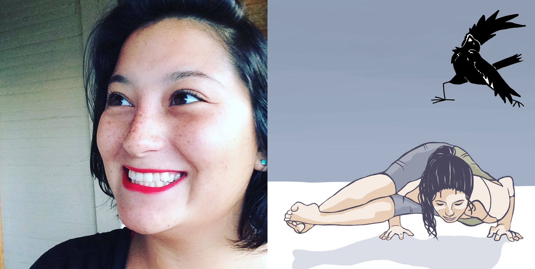 On the left, a photo of a smiling young woman with black hair, on the right, an illustration of a person holding a yoga pose.