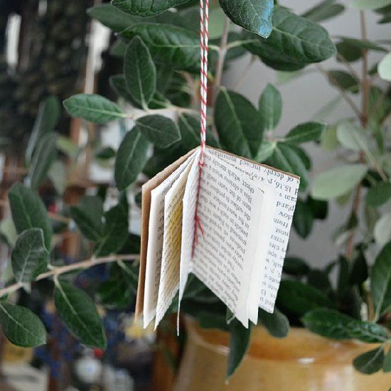 book ornament hanging on a tree