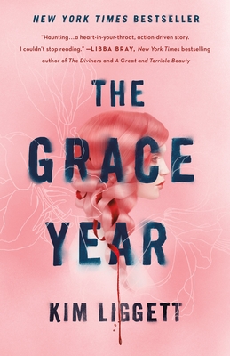 Pink book cover featuring an illustration in shades of red of a girl with a ribbon braided in her hair with the title The Grace Year in blue superimposed across the illustration.
