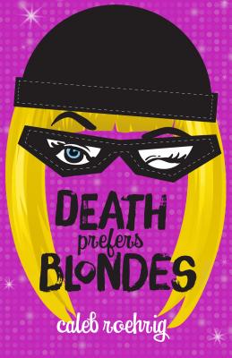 Magenta book cover featuring an illustration of a black knit cap, winking eyes wearing black plastic rimmed glasses, and blonde hair with the title "Death prefers blondes" where the rest of the face should be.