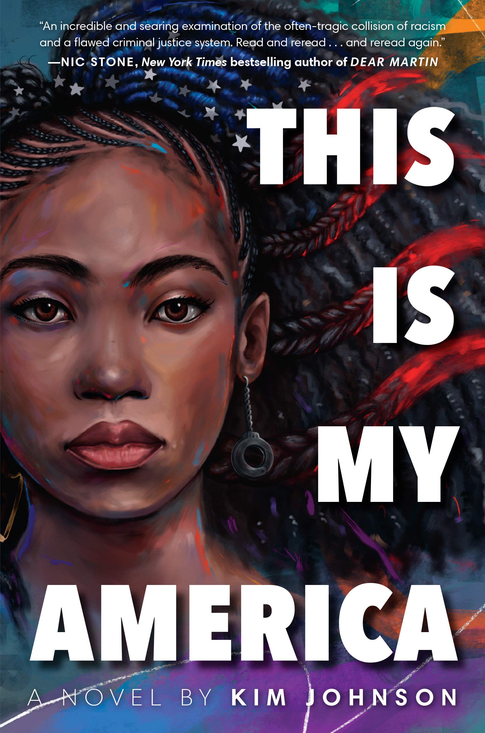Illustration of a black girl's face with her hair in braids overlaid with the US flag. The title "This Is My America" appears in bold, white letters to the right of her face.
