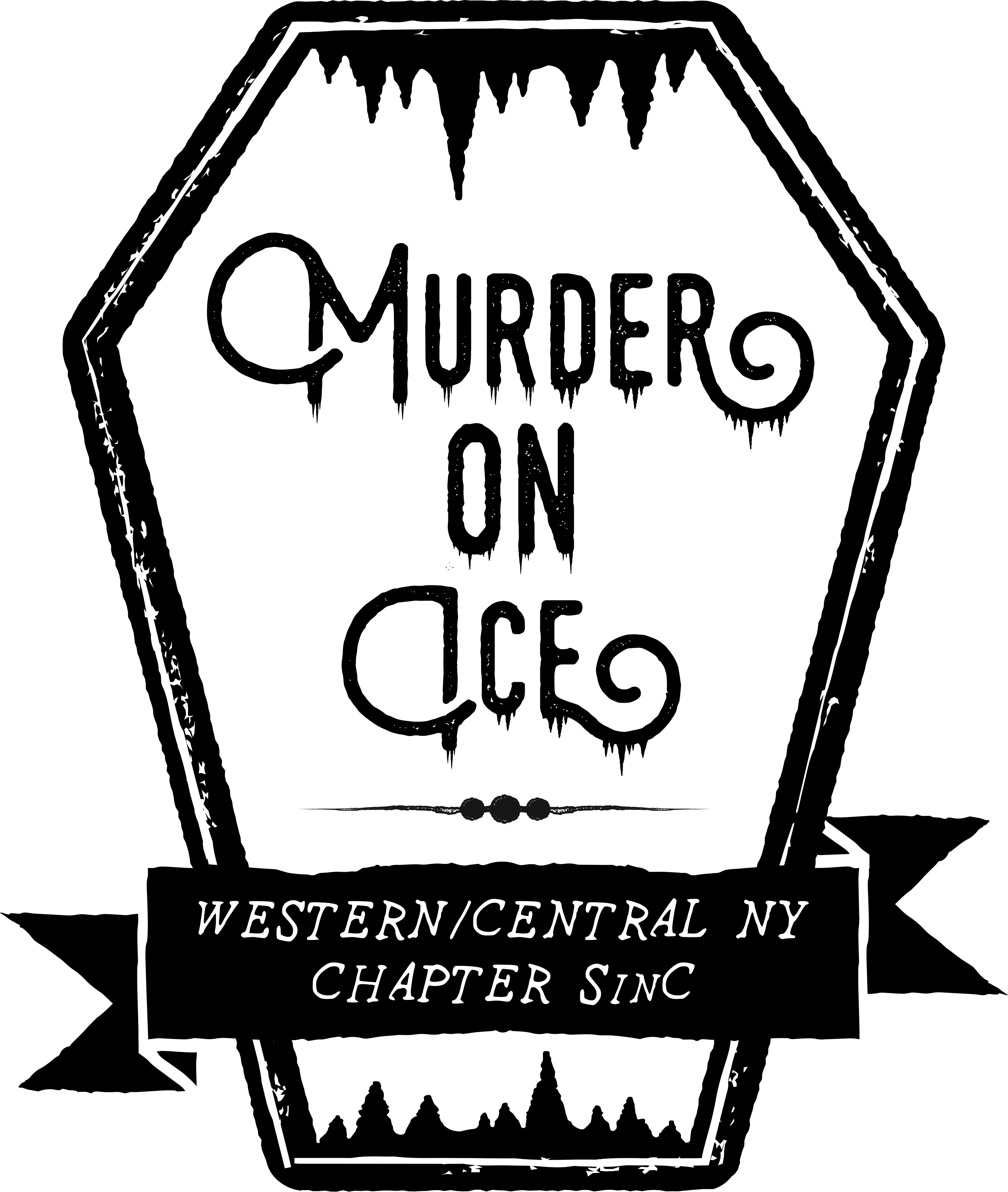 black and white logo for Murder on Ice, Central NY Chapter of Sisters in Crime