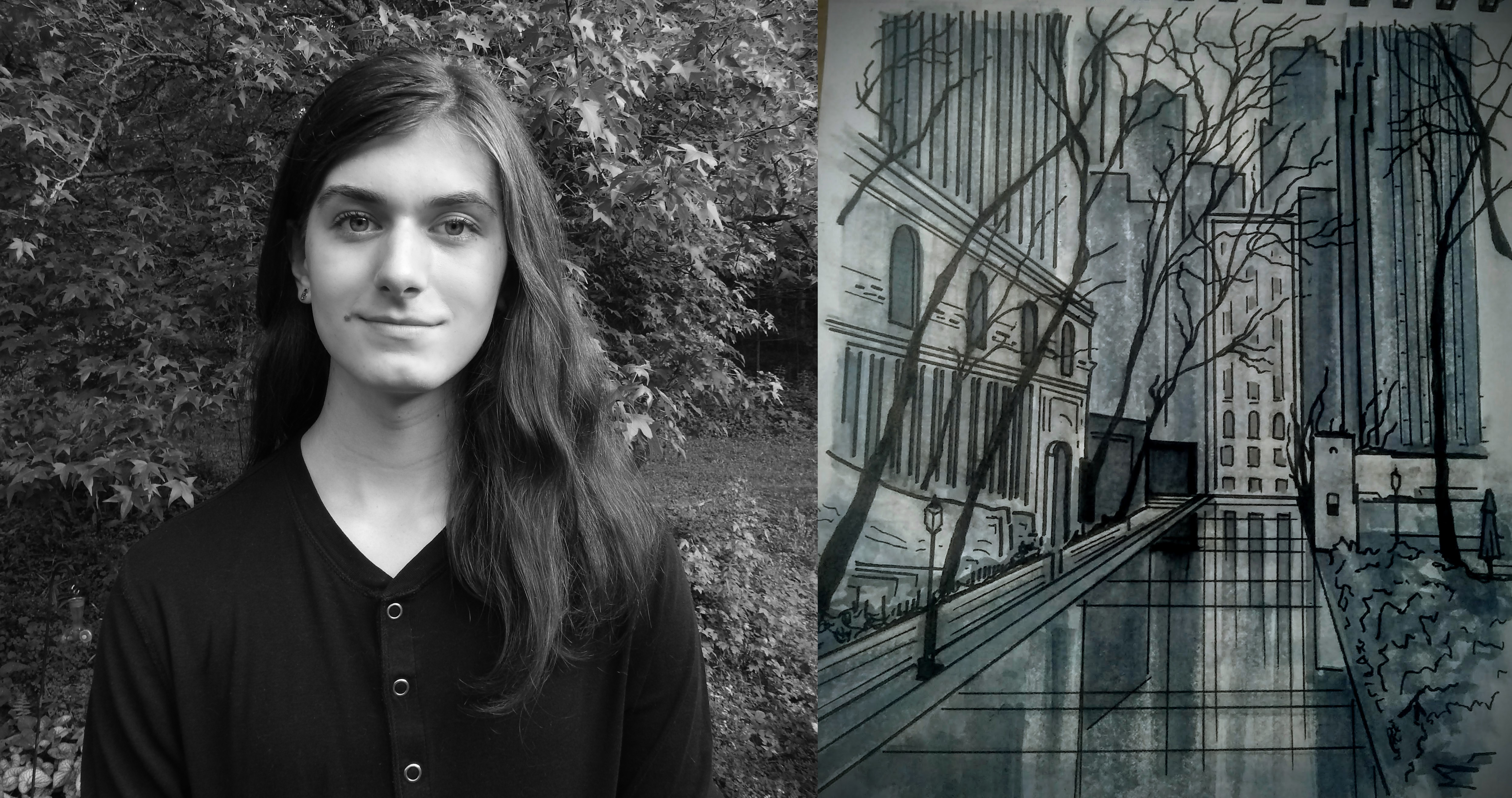 On the left, a black and white photograph of a young white woman with long dark hair and a black shirt, smiling. On the right, a black and white illustration of a city scene in the winter.