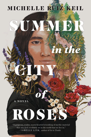 Summer in the City of Roses in white text is super-imposed on an illustration of a medium-skinned boy with shoulder length black hair wearing a black t-shirt. Half of his face is obscured by illustrations of flowers and plants that develop into a forest scene featuring a wolf and a deer.