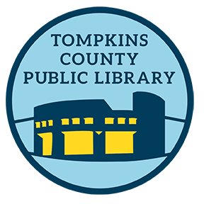 Library logo of silhouette of the building in navy blue and yellow on light blue background