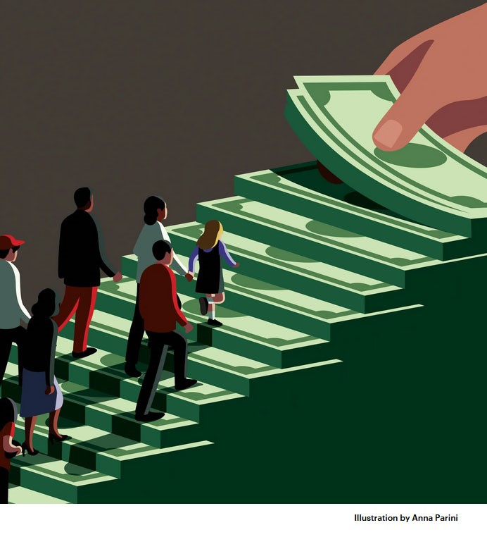 Illustration of people walking up stairs made of paper money