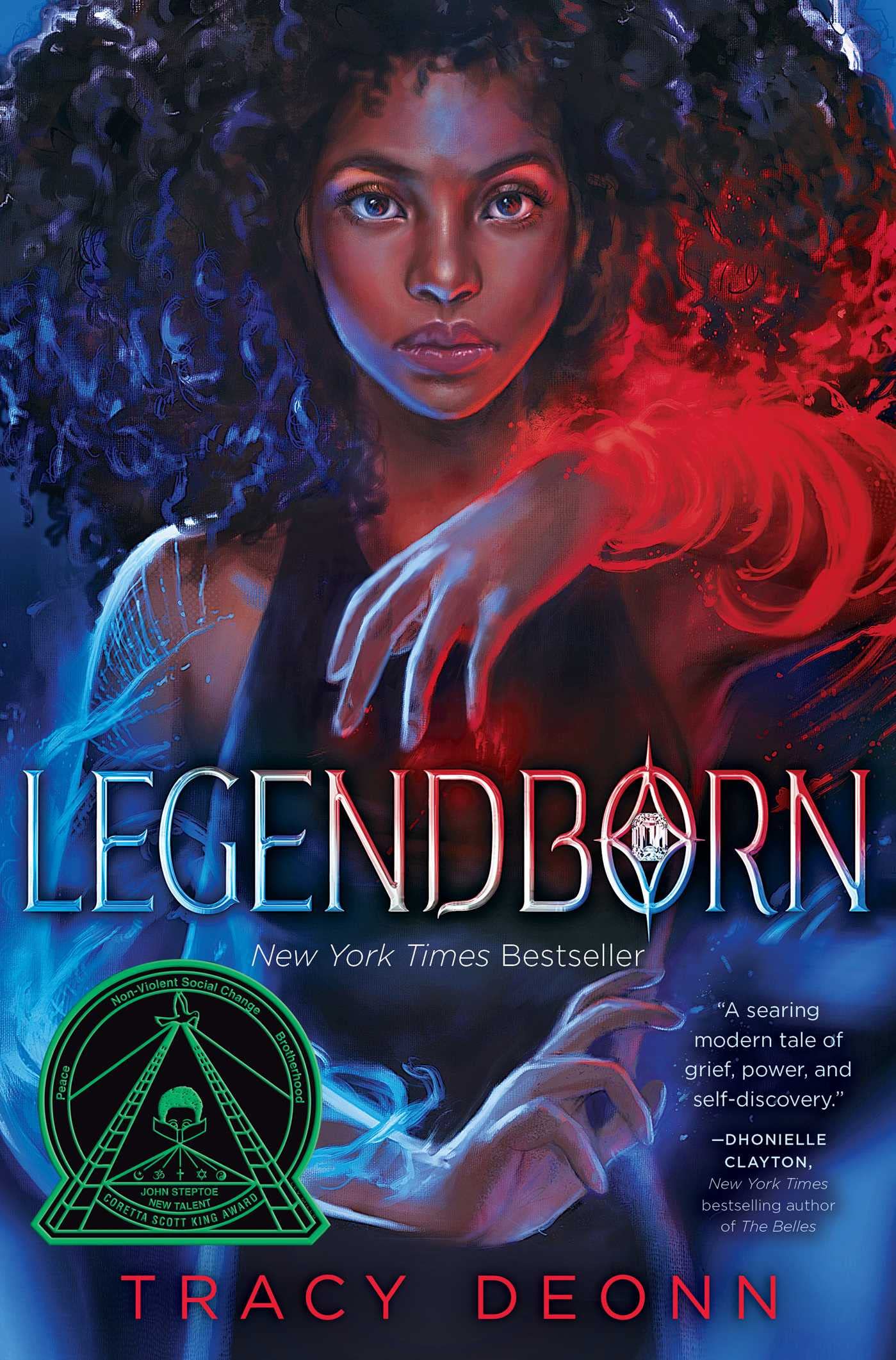 Illustration of a dark skinned girl with black, curly shoulder-length hair. Red light swirls around her left arm while blue light swirls around her right. The title "Legendborn" is superimposed across the middle of the image.