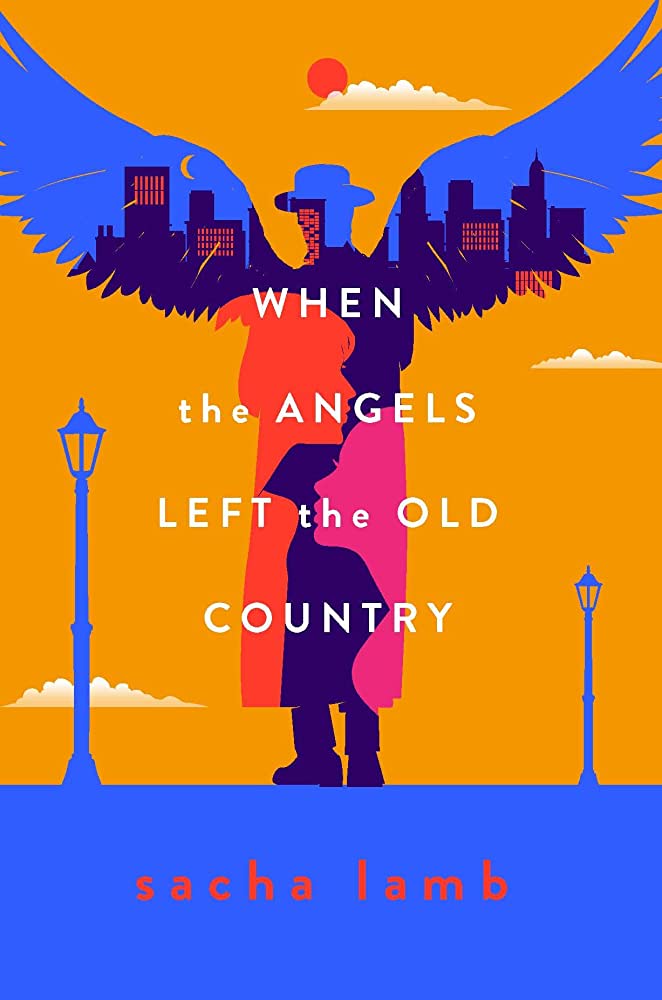 On an orange background with illustrations of street lamps, there is a silhouette of an angel in blue and within the silhouette are silhouettes of two profiles in magenta and a city skyline in purple.
