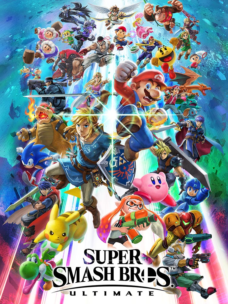 An illustration featuring about 35 different characters from Super Smash Bros. falling through a multi-colored sky.