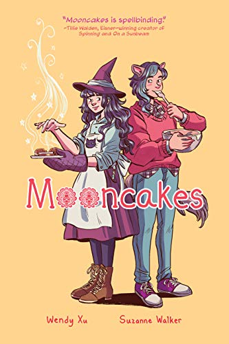 Illustration of two people standing back to back. The person on the left has long, wavy black hair and fair skin. She is wearing a witch hat and dress with apron. She holds her hand over a steaming plate of pastries. The person on the right has short, dark, wavy hair and wolf ears. They are wearing a red sweater and blue jeans and are eating batter from a spoon and holding a mixing bowl.