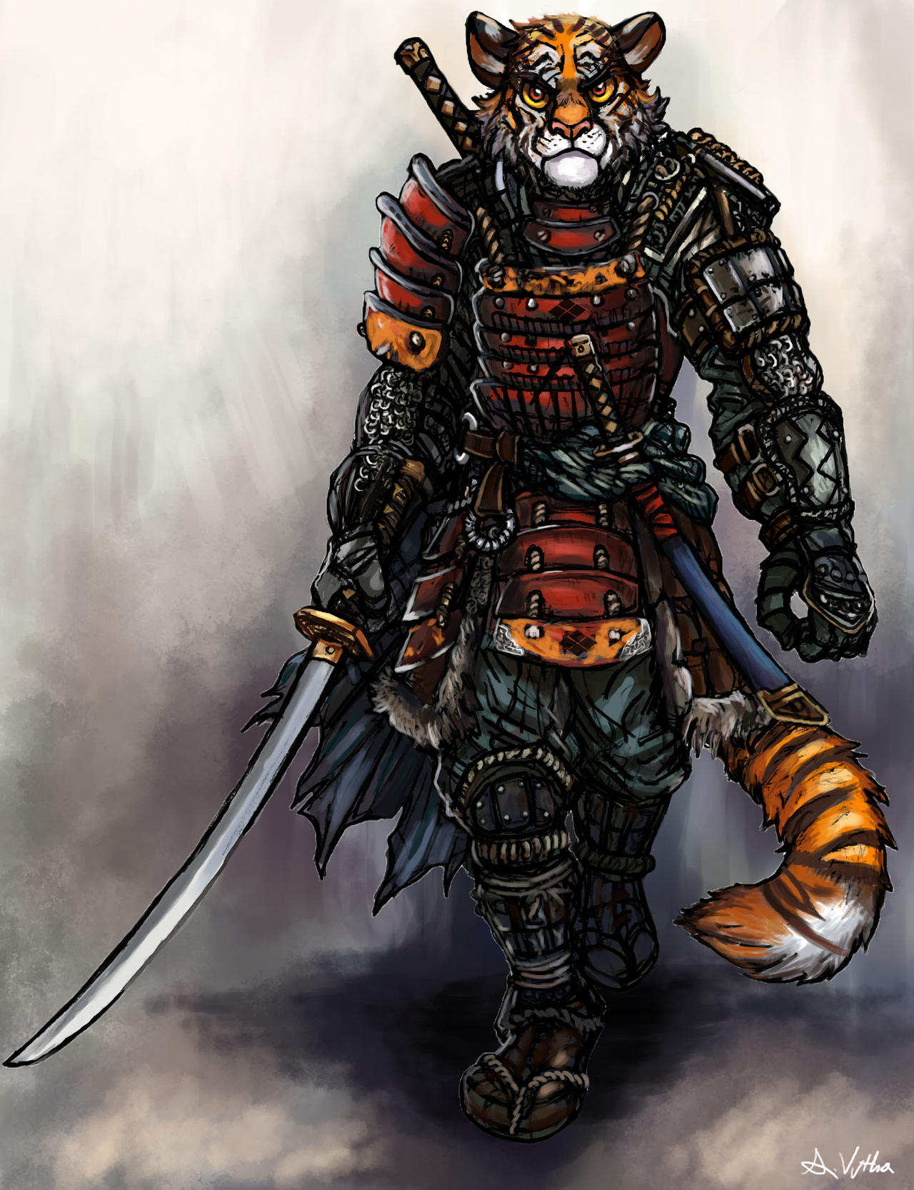 Tiger in samurai armor with sword drawn. https://www.deviantart.com/thelivingshadow/art/Tiger-Samurai-Hiroshi-Saito-649266108