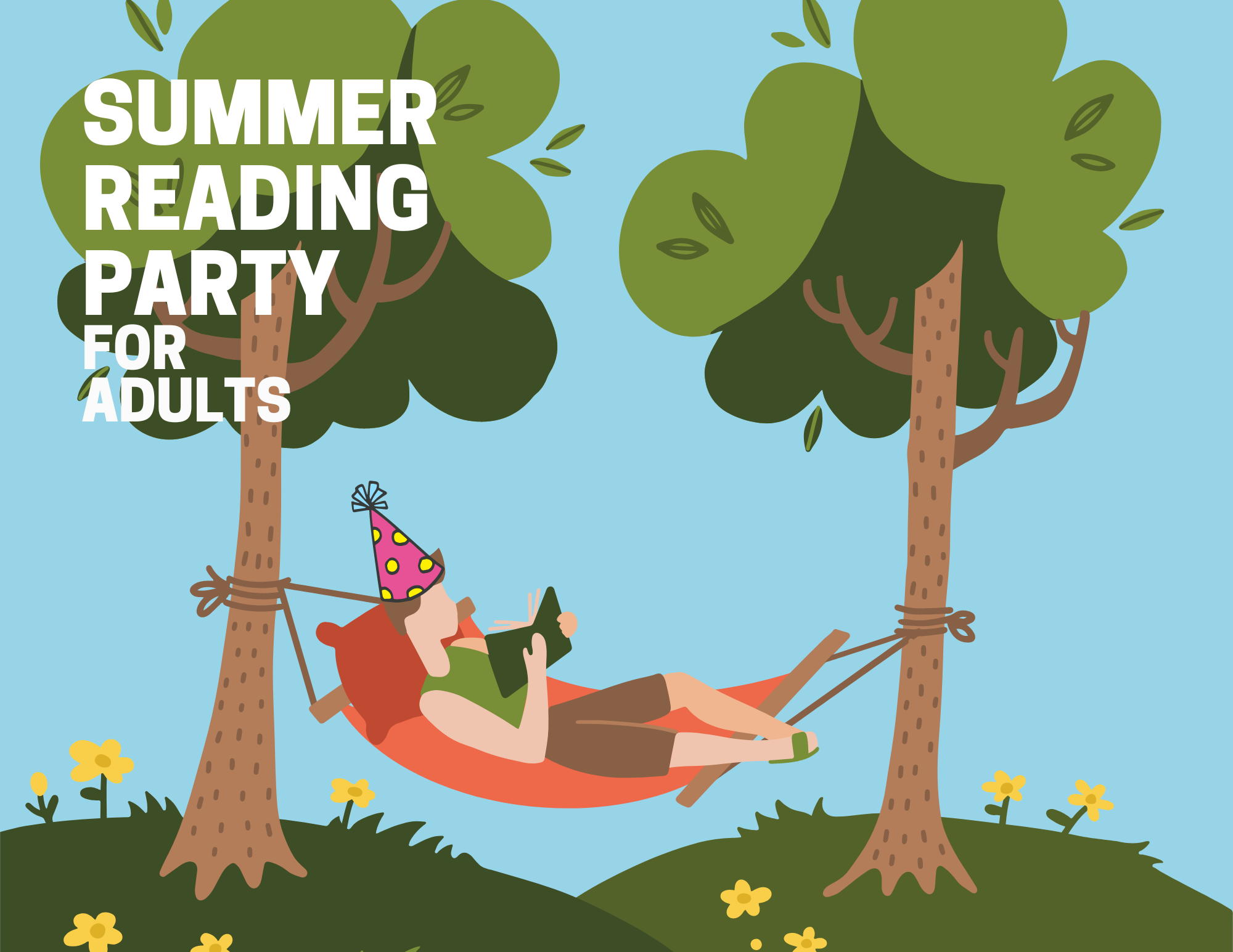 Image with a person wearing a party hat while reading in a hammock 