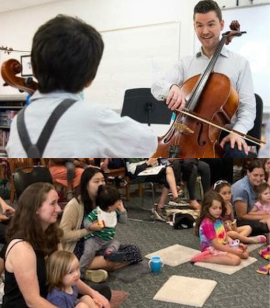Zach Sweet playing cello and children attending Cayuga Chamber Orchestra event!