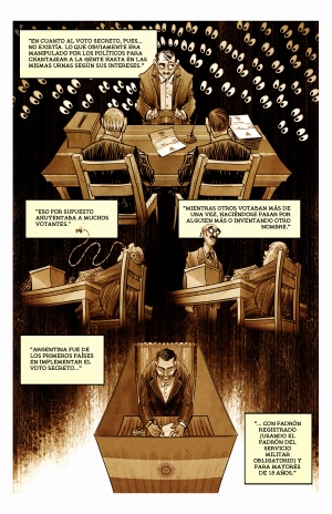 A political cartoon by Pedro X Molina showing a person speaking in a grim looking courtroom. 