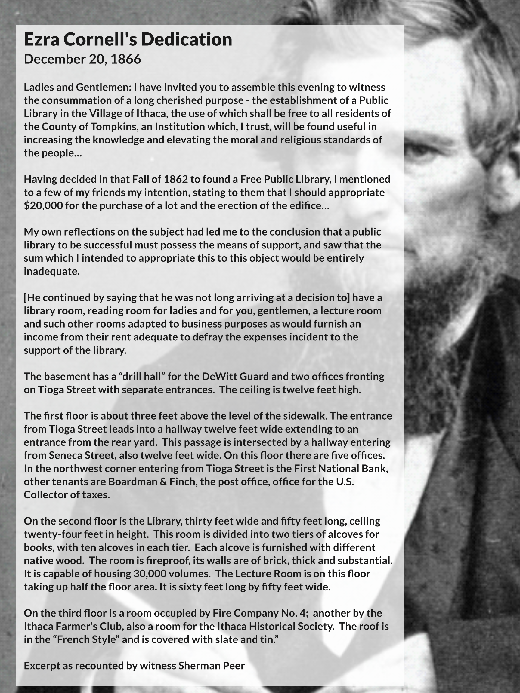 Text of Ezra Cornell dedication superimposed on image of Ezra Cornell