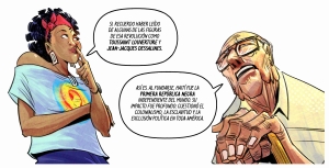 Political cartoon titled "Looking Up" by Pedro X Molina. It shows an older person speaking with a younger person.