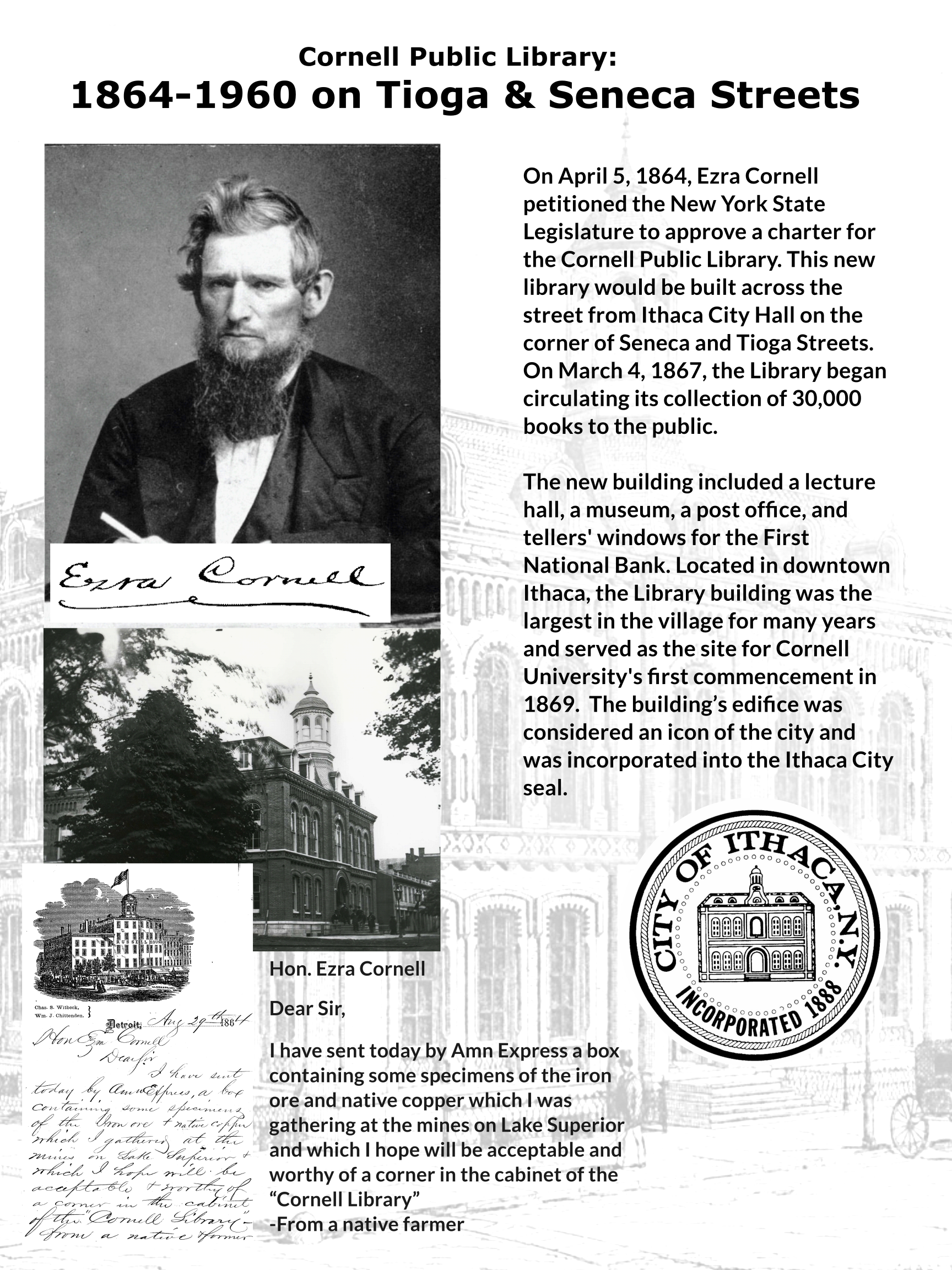 Image of Cornell Public Library, Ezra Cornell, and the Ithaca City Seal