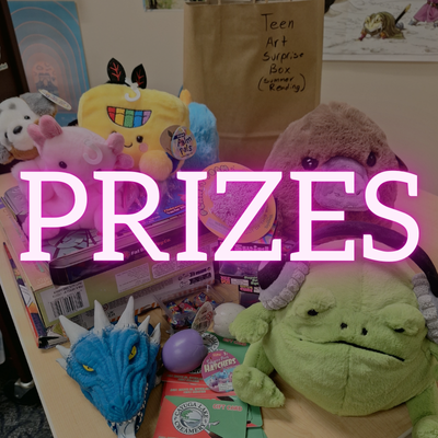An image showing an assortment of stuffed animals and other toys and kits. In the foreground is bright text that reads PRIZES