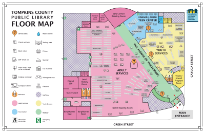 A map showing Tompkins County Public Library's floorplan. To the left is the key. To the right is the map of the building.