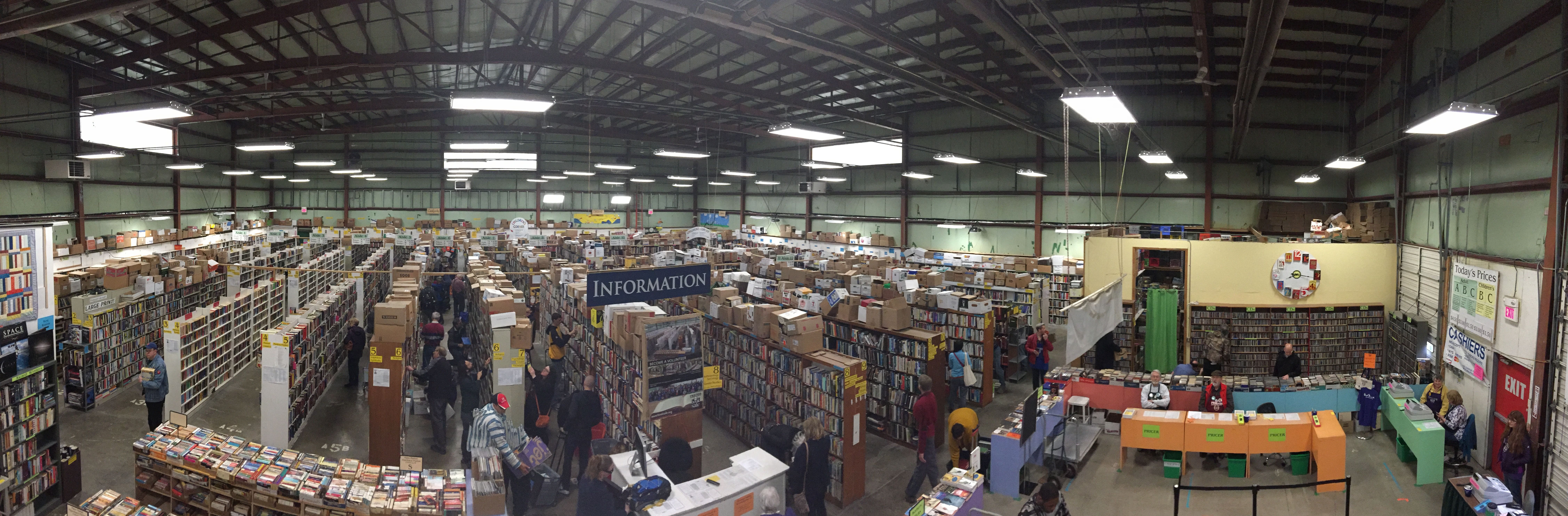 Panoramic image of the inside of the Friends of TCPL Book Sale building