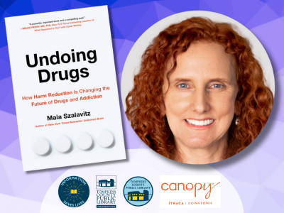 An image showing the cover of the book "Undoing Drugs" beside its author Maia Szalavitz