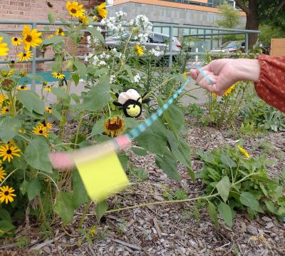 image of a person using a bee buzzer craft among yellow flowers