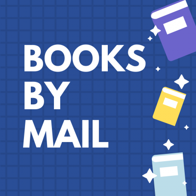 Image advertising Books by Mail with white type against a blue background and yellow, blue and purple books along the right edge