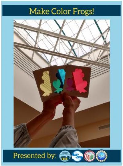 Image of frog shaped cutouts in yellow, blue, and red translucent film held up against a bright skylight