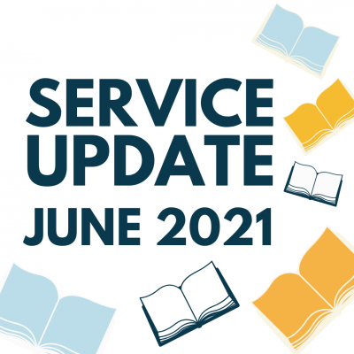 graphic image with words service update june 2021 and illustrations of blue and yellow books