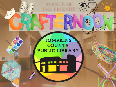 Text reads CRAFTERNOON in a water-color style font, above the summer reading logo for TCPL which has a multi-colored background. The image contains hexaflexagons, boondoggles, watercoler, paper hats, chalk, music and graphic novels incorporated into its background.