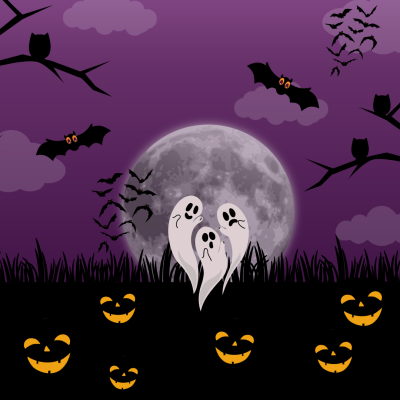 Illustration of cute ghosts, bats and jack o' lanterns against a purple background