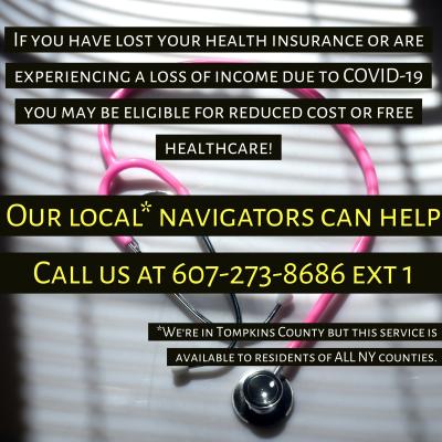 Image from HSC of Tompkins County announcing health care navigator number at 607-273-8686 ext 1