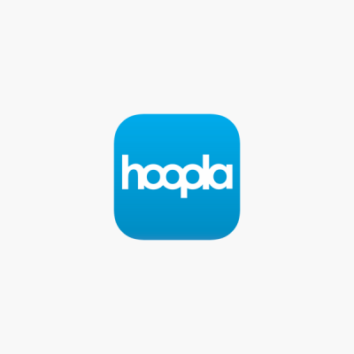 Hoopla logo in white script on blue square