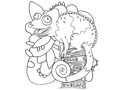 A hand drawn image of a chameleon, smiling and sitting on a stack of books. Words visible within the books read "Color our world"