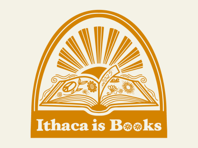 The logo for Ithaca is Books 2025. It is a dark orange color, with an illustration of an open book, with a sun shining behind it. The book pages include flowers, vines, a peace symbol, 2025, and other drawings. Text reads Ithaca is Books.