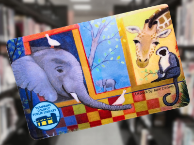 The TCPL library card featuring artwork by Jane Dennis. The drawing includes an elephant's head leaning through a window, with a duck sitting on the elephant's head and another on its trunk, while a giraffe and a lemur look on from another window. Through a center window a tree is visible, with an elephant off in the distance.