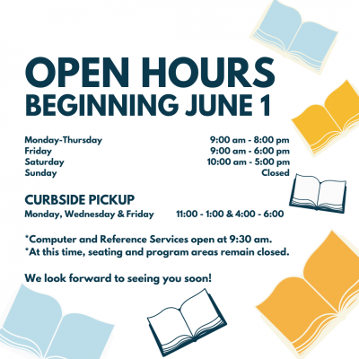 Image advertising new hours with navy text on a white background and blue, yellow and white books