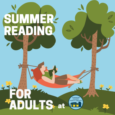 Summer reading for adults slide featuring a man reading in a hammock