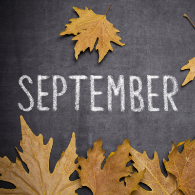 A chalkboard, covered with brown shades of leaves. Text reads "September"
