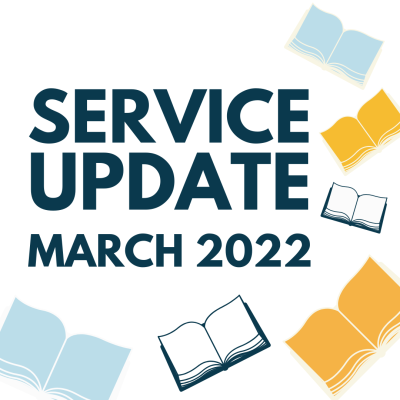 service update graphic with blue, white and yellow books