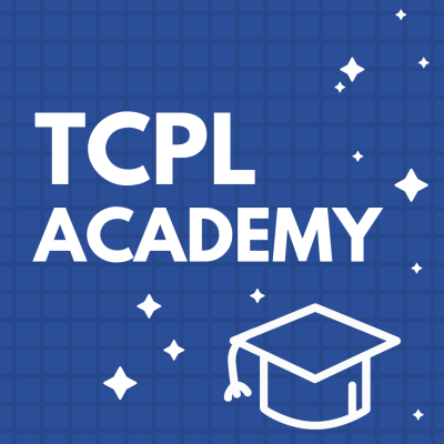 Graphic with the words TCPL Academy in white on a blue background