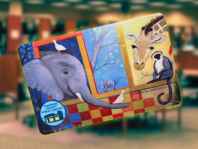 An image of a TCPL library card in front of an image showing the adult collection. The library card features illustrations of an elephant, giraffe, duck, and a lemur.