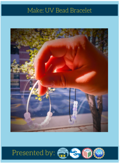 Image of UV bead bracelets held up against a sunlit window