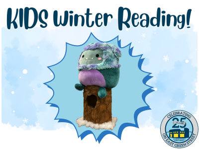 An image showing Teal the Yeti, a teal and purple Squishmallow plush sitting on a stump