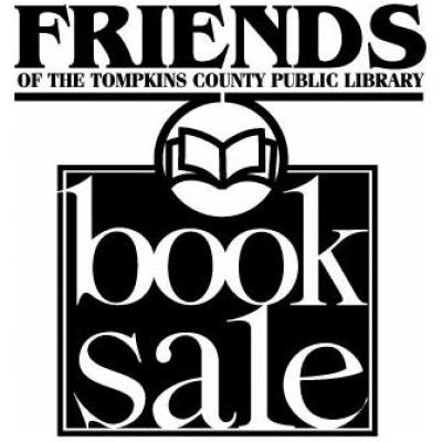 Black and white text, with a stylized image of a book at the center. The text reads Friends of the Tompkins County Public Library book sale